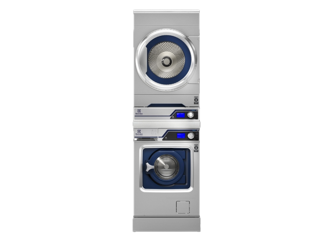 Stacked wet-cleaning washer and dryer unit
