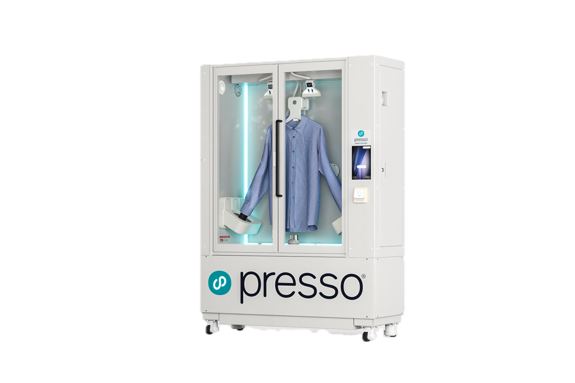 Presso Machine in operation, cleaning and pressing a garment